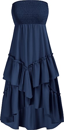 Grace Karin Women Boho Ruffle Tiered Shirred Smocked Tube Top Dress High Low Flowy Midi Skirt Strapless Beach Dress Dark Blue XXL