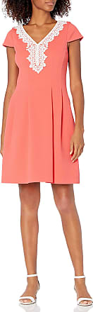 Jessica Howard Womens Cap Sleeve Dress with Release Pleat Skirt and Lace Trim at Neck, Coral, 10