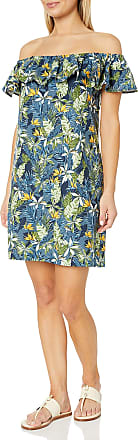 28 Palms Amazon Brand - 28 Palms Womens Linen Blend Tropical Print Off Shoulder Dress, Navy Parrot Floral, XX-Large