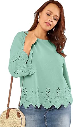 Romwe Womens Plus Size Hollow Out Scallop Hem 3/4 Sleeve Blouse Top 