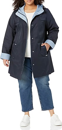 Jones New York Womens Hooded Trench Coat Rain Jacket, Navy and Sky Blue, S