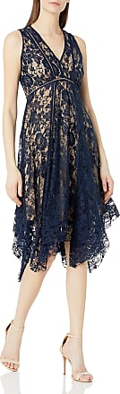 Gabby Skye Womens Sleeveless V-Neck Seamed Down Rose Lace Dress, Navy/Nude, 8