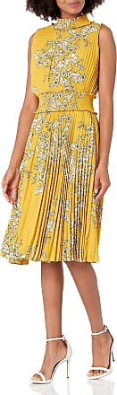 Nanette Lepore Womens Smocked High Neck Pleated Dress, Golden Cypress 319-5 Print, 10