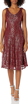 Gabby Skye Womens V-Neck Sleeveless Floral Print Glitter Lace A-Line Dress, Wine/Silver, 10