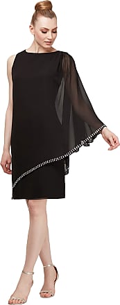 S.L. Fashions Womens One Shoulder Chiffon Cape Overlay with Beaded Trim Dress, Black, 12