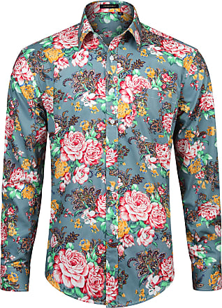Astylish Mens Hawaiian Shirts Casual Button Down Shirts Flower Print Long Sleeve Beach Shirt for Men 