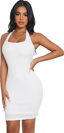 Shein Womens Sleeveless Halter Neck Backless Ribbed Knit Bodycon Mini Dress Solid White(with Lining) X-Small