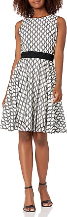 Gabby Skye Womens Sleeveless Crew Neck Belted Diamond Print Dress, Ivory/Black, 8