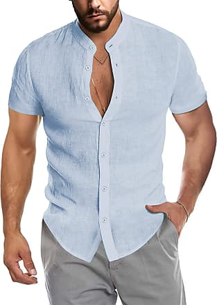 Mens Casual Linen Shirt Tronet Mens Baggy Cotton Linen Solid Short Sleeve Button V-Neck Retro Shirts Tops 