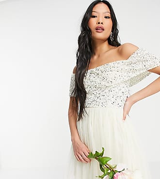 Maya off shoulder mini tulle dress with tonal delicate sequin in ecru-White