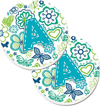 Large Caroline's Treasures CJ2006-LCARC Letter L Flowers and Butterflies Teal Blue Set of 2 Cup Holder Car Coasters multicolor 