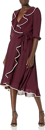 Gabby Skye Womens 3/4 Sleeve V-Neck Solid with Pipping Midi A-Line Dress, Burgundy/Taupe, 8