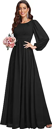  Ever-Pretty Women's V Neck Long Sleeves Pleated A-Line Chiffon  Midi Semi-Formal Dresses Black US4 : Clothing, Shoes & Jewelry