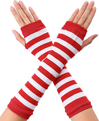 uxcell Women Black Red Stripe Print Elbow Length Fingerless Arm Gloves Pair 