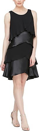 S.L. Fashions Womens Jewel-Strap Tiered Cocktail Party Dress (Petite and Regular), Black Satin/Chiffon, 18