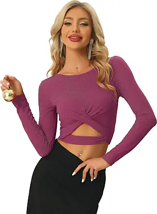 Allegra K Women's Casual Long Sleeve Cut Out Slim Fitted Basic Crop Tops  Hot Pink Large