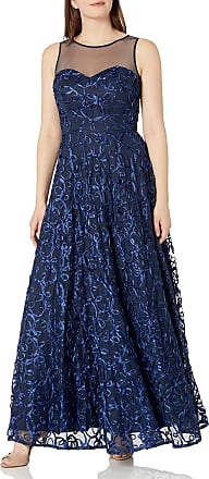 S.L. Fashions Womens Sleeveless Illusion Neck Embroidered Soutache A-line Gown, Navy, 8