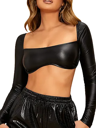 Verdusa Women's Sheer Mesh Glitter Bell Sleeve Round Neck Crop T Shirt Top  Black XS at  Women's Clothing store
