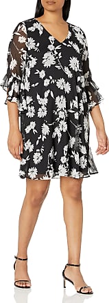 Calvin Klein Womens Printed Summer Dress, Black/Cream Ruffle Sleeve, 4