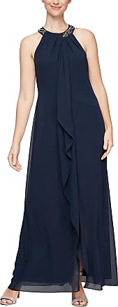 S.L. Fashions Womens Petite Long Maxi Chiffon Gown with Jewel Halter Neck Dress, New Navy, 10P