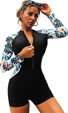 MakeMeChic Women's Floral Long Sleeve Zip Front One Piece Swimsuit