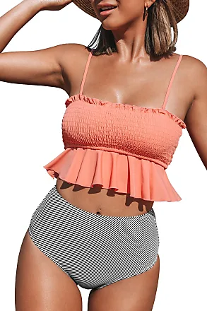 Women's Smocked High Waisted Bikini Swimsuit Ruffle Two Piece Bathing Suits  - Cupshe-X-Large-Orange Pink