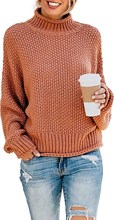 TECREW Womens Plaid Turtleneck Sweaters Long Sleeve Side Split Pullover Chunky Knitted Jumper Tops 