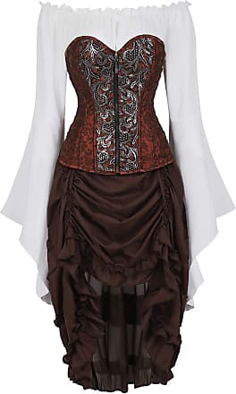 Grebrafan Steampunk Corset Dress 3 Piece Outfits Bustiers with Skirt and Blouse 