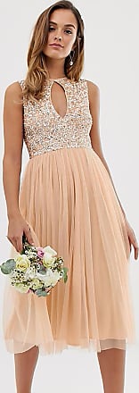 Maya Bridesmaid delicate sequin midi skater dress with keyhole detail in soft peach-Pink