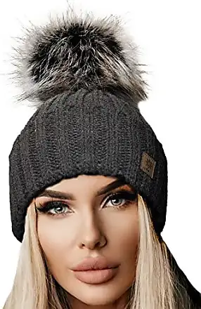 Bonnet noir en laine avec pompon fourrure synthétique sur pression, cadeau  homme, bonnet ski - Un grand marché