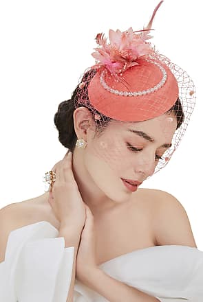 VGLOOK Flower Feather Headband Mesh Fascinator Tea Party Wedding Headwear Bridal Headpiece with Veil Red 