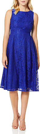 Gabby Skye Womens Sleeveless Round Neck Rose Lace Fit and Flare Dress, Cobalt, 4