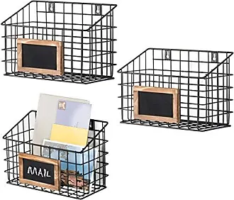 MyGift Storage Baskets with Handles, Black Metal Wire and Torched Wood Rectangular Wall Baskets, Set of 2