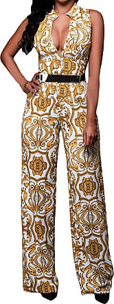 Pink Queen Womens Button Up Printed Long Wide Leg Pant Party Jumpsuits with Belt 