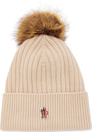 Camel Brown Pure Cashmere Fur Pom Pom Cable Knit Beanie Hat