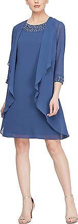 S.L. Fashions womens Chiffon Tier Jacket With Bead Neck Special Occasion Dress, Wedgewood, 14 US