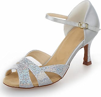 JIA JIA 2053 Latin Womens Sandals 2.7 Flared Heel Super Satin with Sparkling Glitter Dance Shoes 