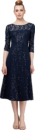 S.L. Fashions Womens Midi Length Sequin Fit and Flare Dress (Missy Petite), Navy Lace, 10P