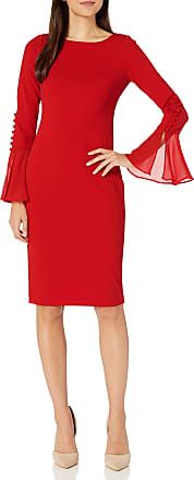 Calvin Klein Womens Solid Sheath with Chiffon Bell Sleeves Dress, Deep Red, 14