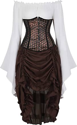 Grebrafan Women Faux Leather Corset Dress Gothic Punk Zipper Corset with Skirt 