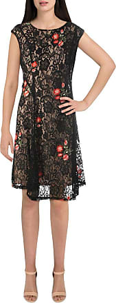 Gabby Skye Womens Cap Sleeve Round Neck Floral Print Lace Dress, Black/Coral/Peach, 12