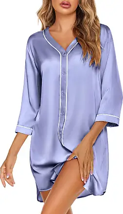  Sleep Shirts For Women Night Gown Button Down Nightshirt  Boyfriend Pajama Dress V Neck Sleepwear Soft Nightwear Grey Striped S