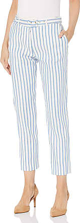 Tahari by ASL Womens Belted Stiped Linen Ankle Pant, Ivory Blue Stripe, 10