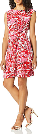 Gabby Skye Womens Cap Sleeve Round Neck Printed ITY A-Line Dress, Cream/Red/Pink, 6