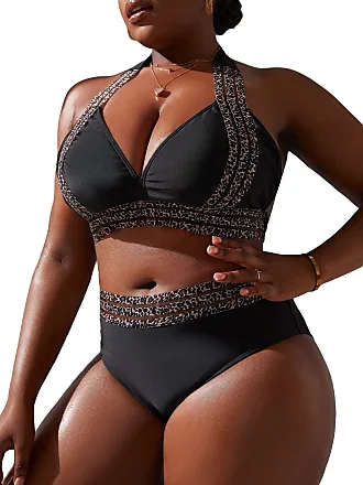 MakeMeChic Women's Plus Size 2 Piece Bathing Suits Tropical Halter High  Waisted Bikini Set Shorts Swimsuit