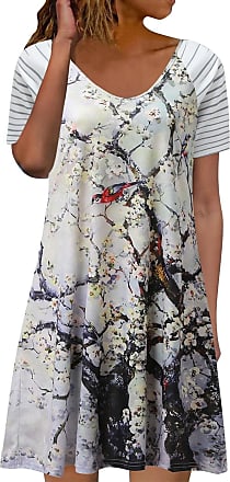iQKA Women Summer Floral Print 3/4 Bell Sleeve V Neck Casual Mini Dress Loose Flowy Swing Shift Dresses Babydoll 