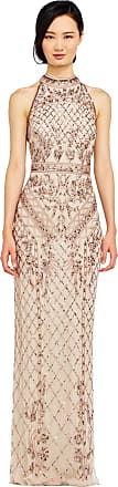 Adrianna Papell Womens Halter Beaded Column Gown, Biscotti, 12
