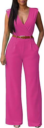 Pink Queen Womens Sleeveless V Neck Long Loose Belted Jumpsuits Rompers 