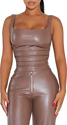  Womens PU Leather V Neck Sleeveless Solid Camisole