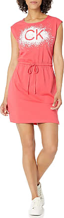 Calvin Klein Womens Short Sleeve Logo T-Shirt Dress, Watermelon/White, Medium